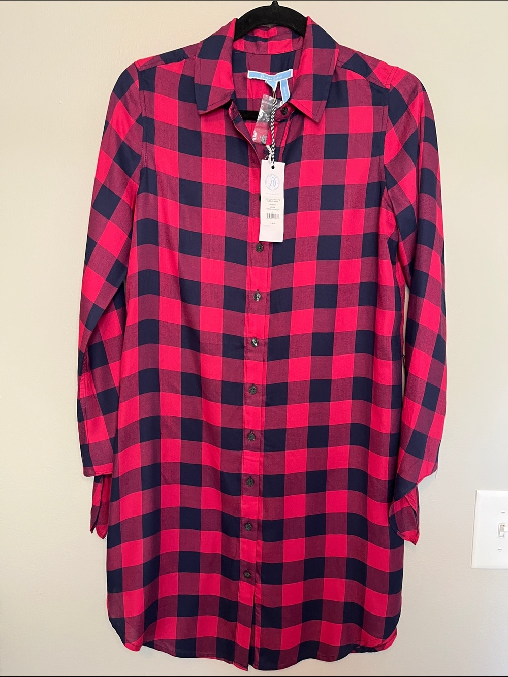 NWT Draper James Pink and Navy Buffalo Plaid Button-Front Shirt Dress